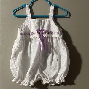 White Eyelet Baby Romper with Purple Accents